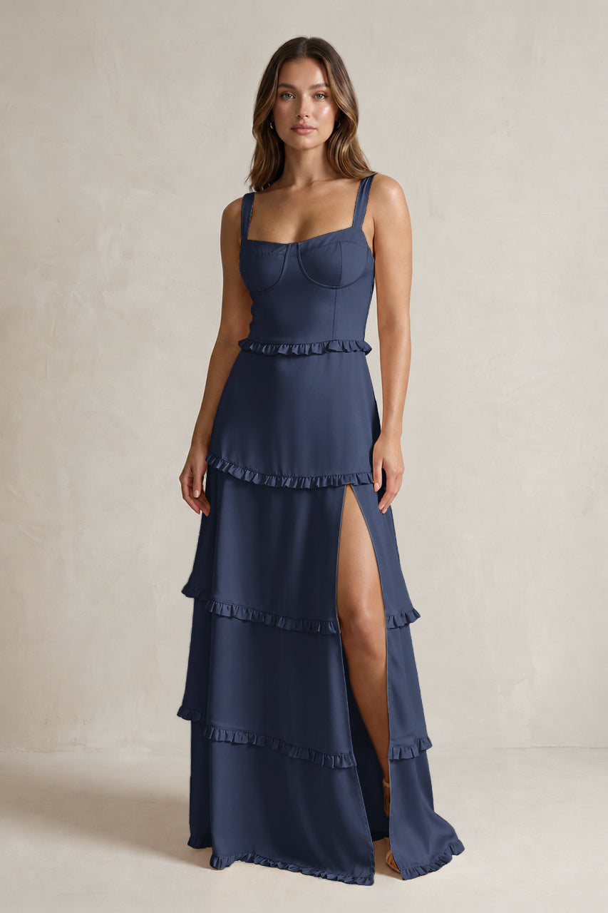 Tiered Ruffled A-Line Bridesmaid Dress With Slit in Dark Navy