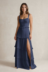 Tiered Ruffled A-Line Bridesmaid Dress With Slit in Dark Navy | KISSBRIDAL