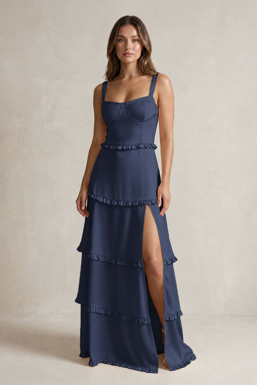 Tiered Ruffled A-Line Bridesmaid Dress With Slit in Dark Navy | KISSBRIDAL