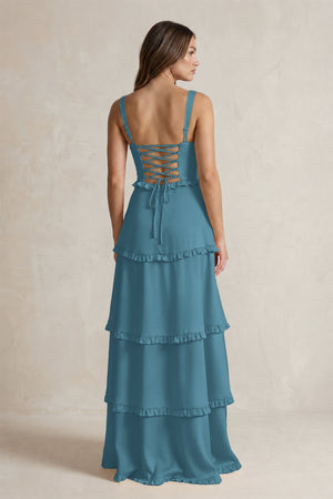Tiered Ruffled A-Line Bridesmaid Dress With Slit in Dark Teal (2) | KISSBRIDAL