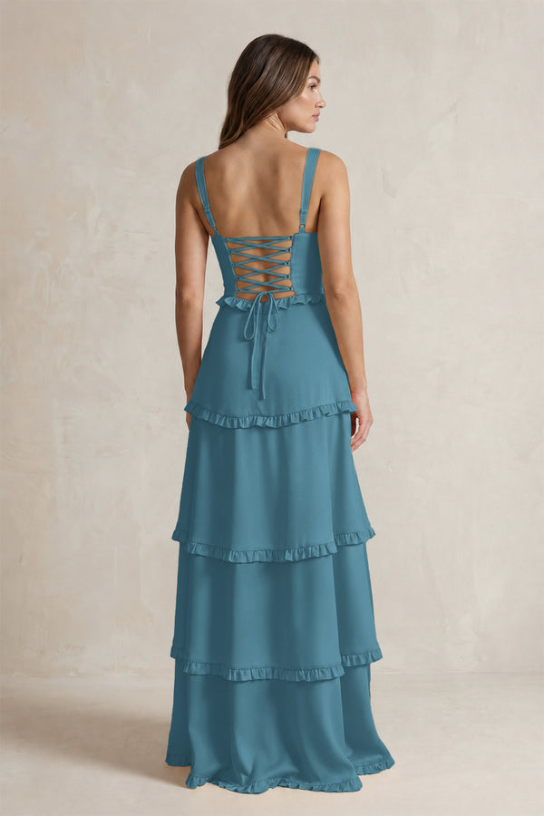 Tiered Ruffled A-Line Bridesmaid Dress With Slit in Dark Teal (2) | KISSBRIDAL
