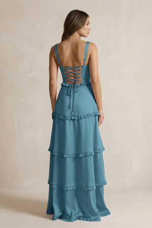 Tiered Ruffled A - Line Bridesmaid Dress With Slit in Dark Teal - KISS BRIDAL Bridesmaid Dresses