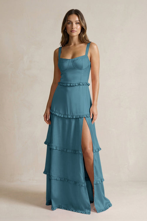 Tiered Ruffled A - Line Bridesmaid Dress With Slit in Dark Teal - KISS BRIDAL Bridesmaid Dresses