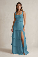 Tiered Ruffled A-Line Bridesmaid Dress With Slit in Dark Teal | KISSBRIDAL