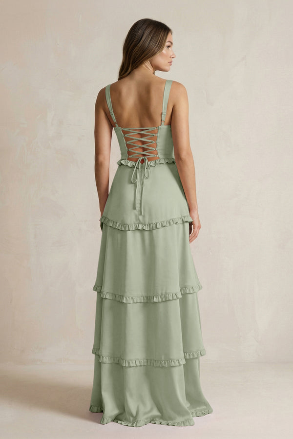 Tiered Ruffled A - Line Bridesmaid Dress With Slit in Dove Gray - KISS BRIDAL Bridesmaid Dresses