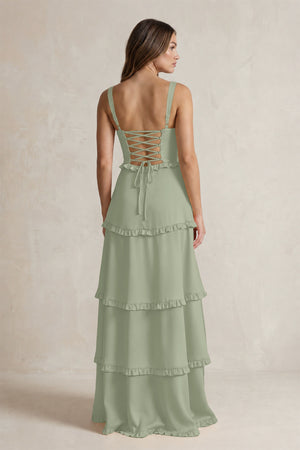 Tiered Ruffled A-Line Bridesmaid Dress With Slit in Dove Gray (2) | KISSBRIDAL