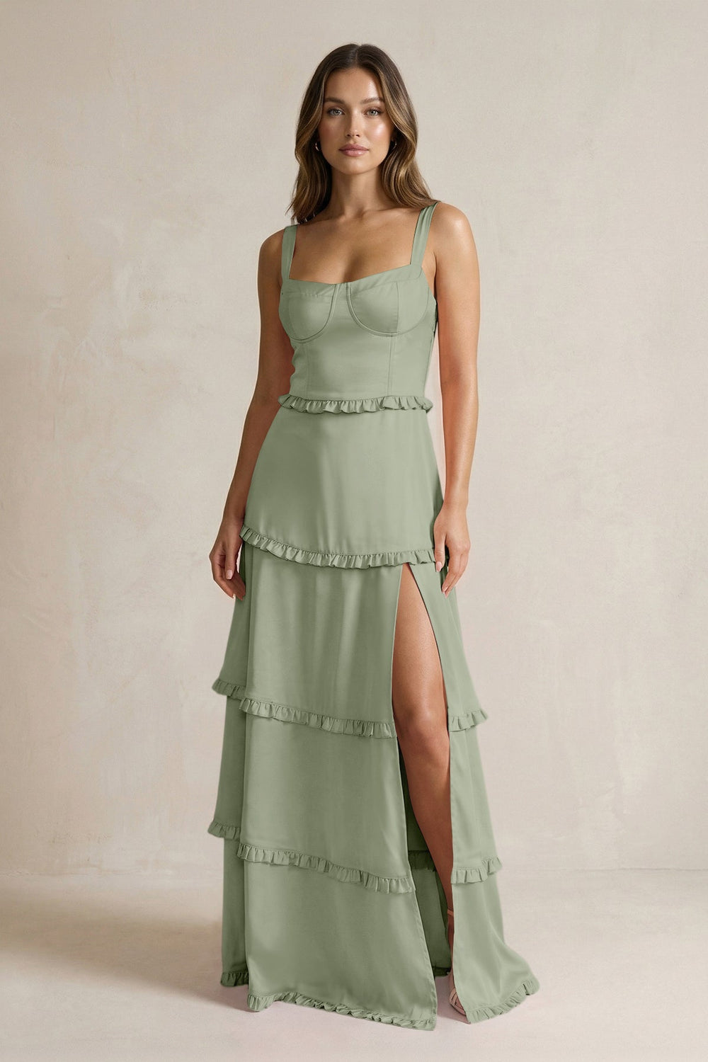 Tiered Ruffled A - Line Bridesmaid Dress With Slit in Dove Gray - KISS BRIDAL Bridesmaid Dresses