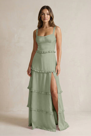 Tiered Ruffled A - Line Bridesmaid Dress With Slit in Dove Gray - KISS BRIDAL Bridesmaid Dresses