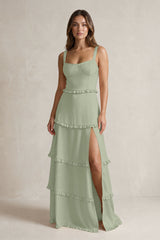 Tiered Ruffled A-Line Bridesmaid Dress With Slit in Dove Gray | KISSBRIDAL