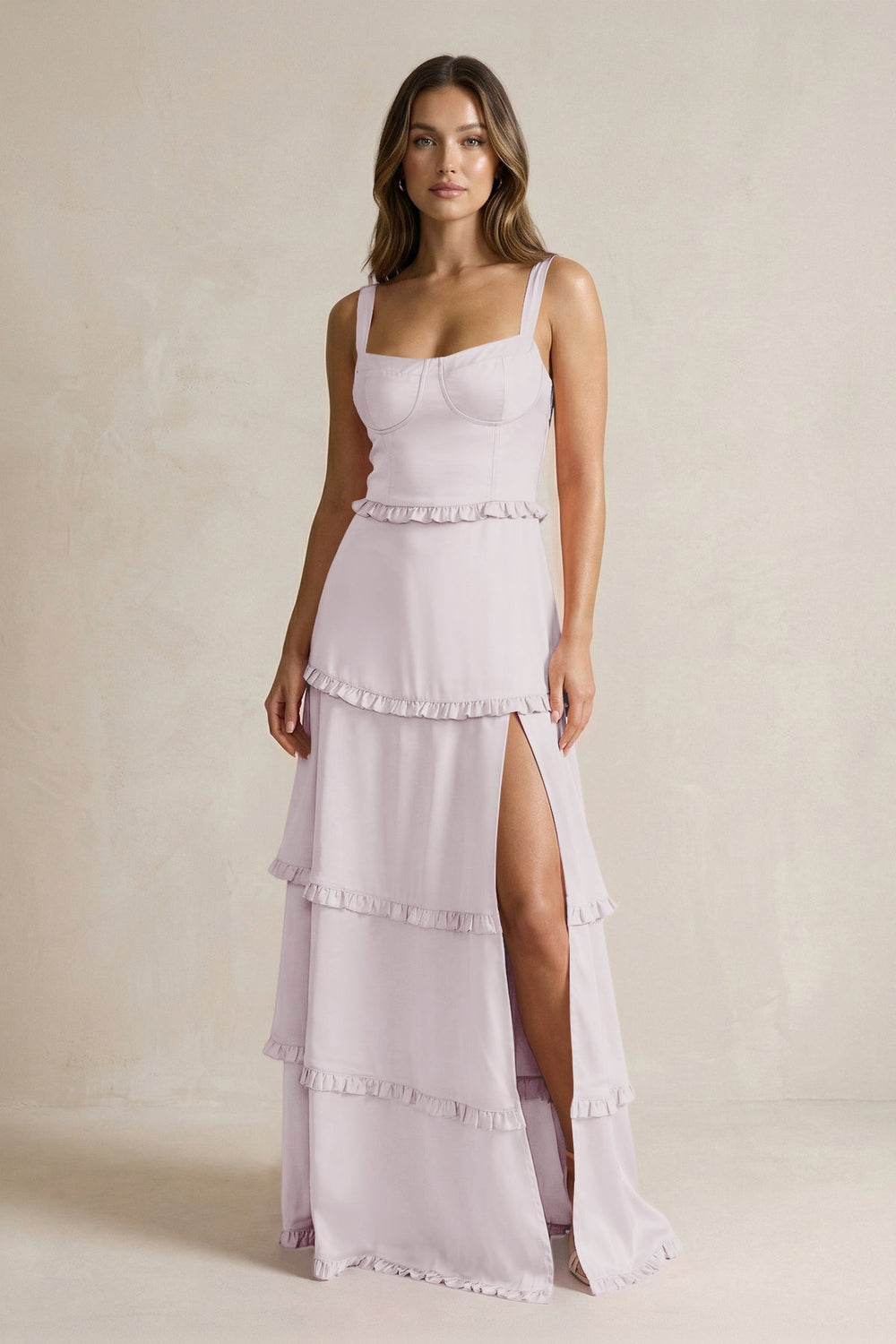 Tiered Ruffled A - Line Bridesmaid Dress With Slit in Dusk - KISS BRIDAL Bridesmaid Dresses