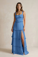 Tiered Ruffled A - Line Bridesmaid Dress With Slit in Dusty Blue - KISS BRIDAL Bridesmaid Dresses