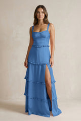 Tiered Ruffled A - Line Bridesmaid Dress With Slit in Dusty Blue - KISS BRIDAL Bridesmaid Dresses