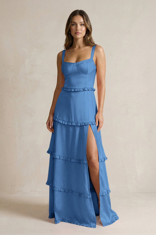Tiered Ruffled A - Line Bridesmaid Dress With Slit in Dusty Blue - KISS BRIDAL Bridesmaid Dresses