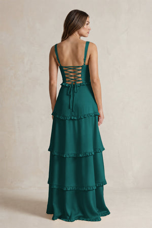 Tiered Ruffled A-Line Bridesmaid Dress With Slit in Emerald (2) | KISSBRIDAL