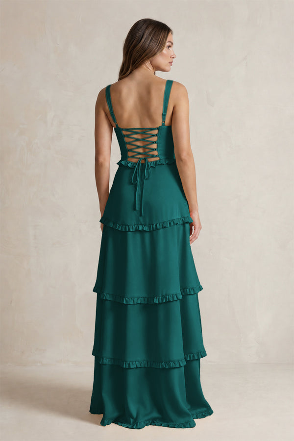 Tiered Ruffled A-Line Bridesmaid Dress With Slit in Emerald (2) | KISSBRIDAL
