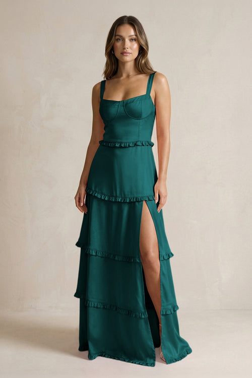 Tiered Ruffled A - Line Bridesmaid Dress With Slit in Emerald - KISS BRIDAL Bridesmaid Dresses