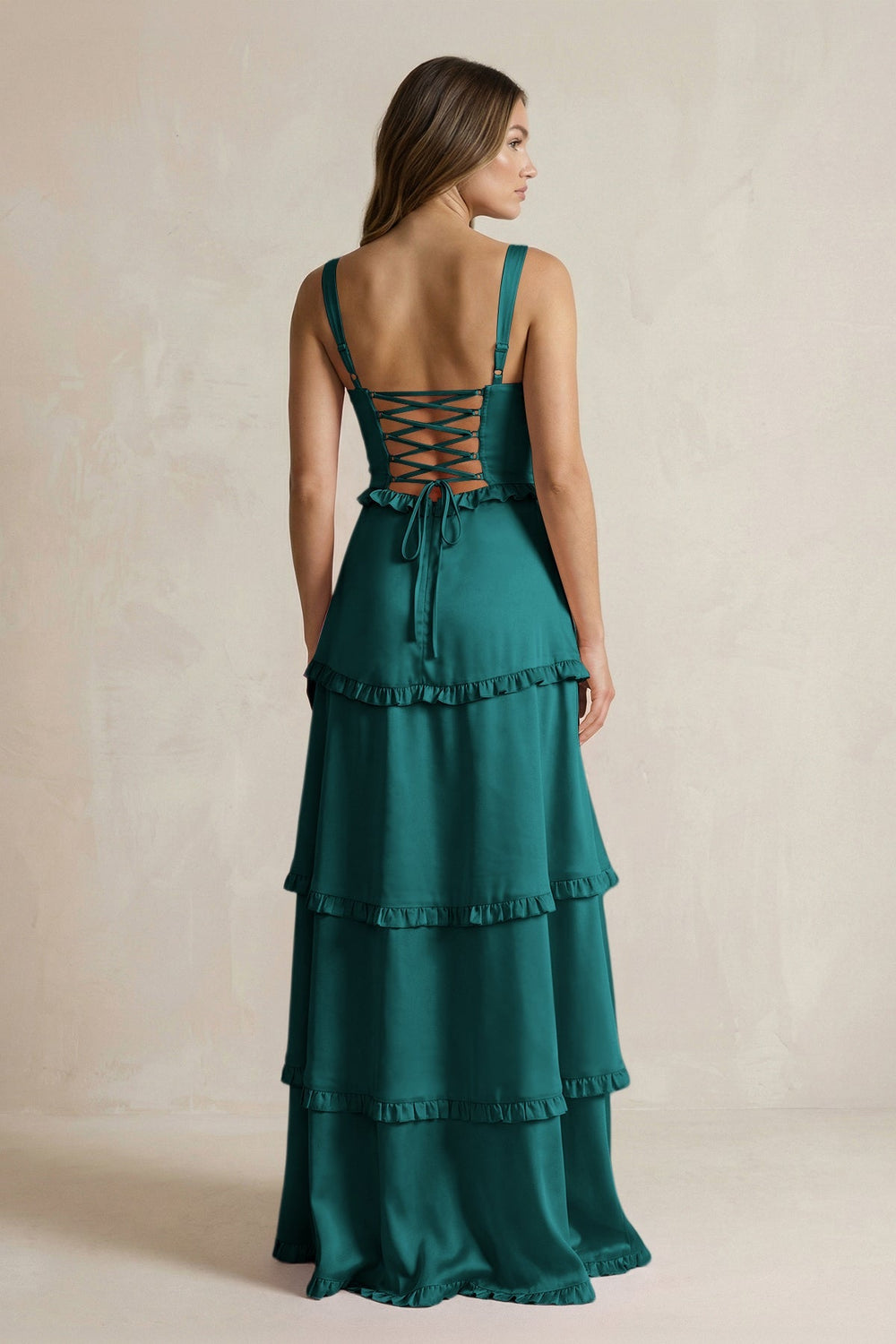 Tiered Ruffled A - Line Bridesmaid Dress With Slit in Emerald - KISS BRIDAL Bridesmaid Dresses