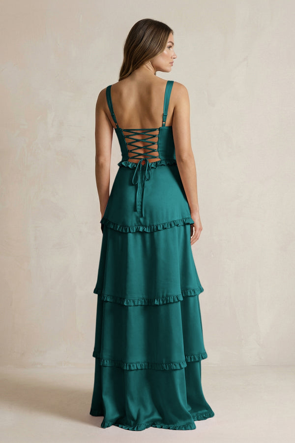 Tiered Ruffled A - Line Bridesmaid Dress With Slit in Emerald - KISS BRIDAL Bridesmaid Dresses