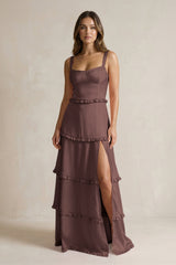 Tiered Ruffled A - Line Bridesmaid Dress With Slit in Espresso - KISS BRIDAL Bridesmaid Dresses
