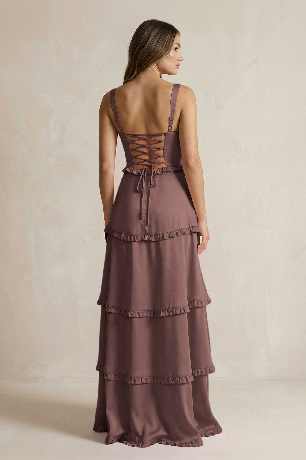 Tiered Ruffled A - Line Bridesmaid Dress With Slit in Espresso - KISS BRIDAL Bridesmaid Dresses