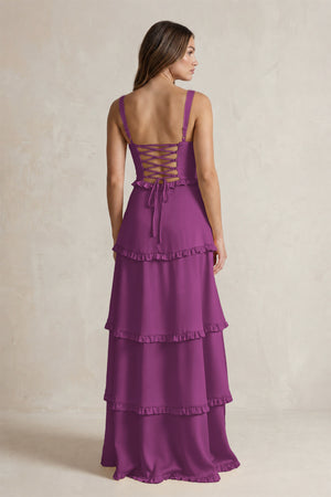 Tiered Ruffled A-Line Bridesmaid Dress With Slit in Fig (2) | KISSBRIDAL