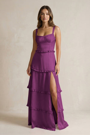 Tiered Ruffled A - Line Bridesmaid Dress With Slit in Fig - KISS BRIDAL Bridesmaid Dresses