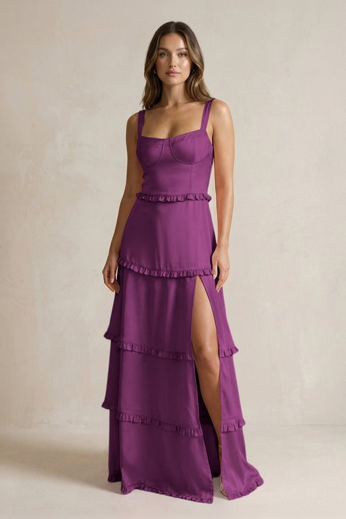 Tiered Ruffled A - Line Bridesmaid Dress With Slit in Fig - KISS BRIDAL Bridesmaid Dresses