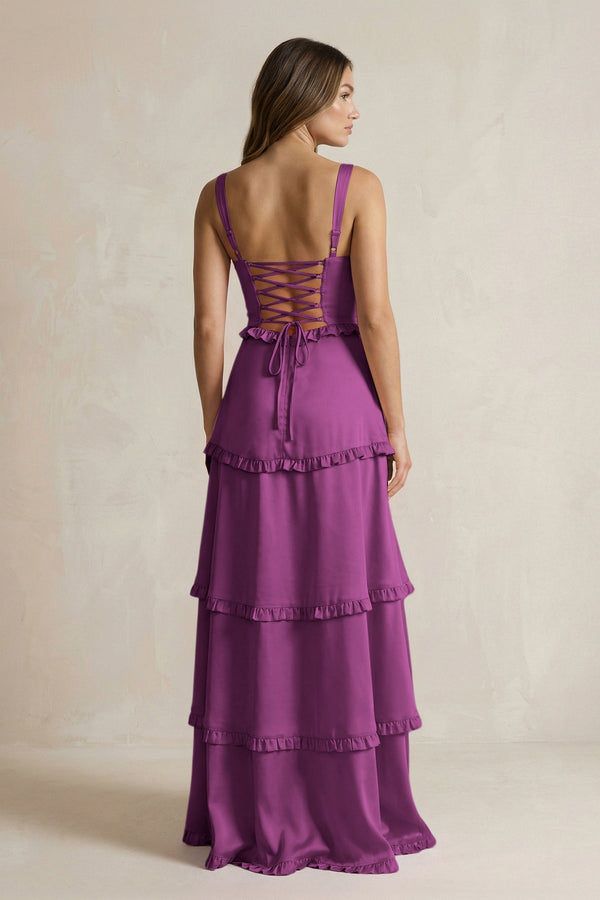 Tiered Ruffled A - Line Bridesmaid Dress With Slit in Fig - KISS BRIDAL Bridesmaid Dresses