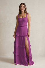 Tiered Ruffled A-Line Bridesmaid Dress With Slit in Fig | KISSBRIDAL