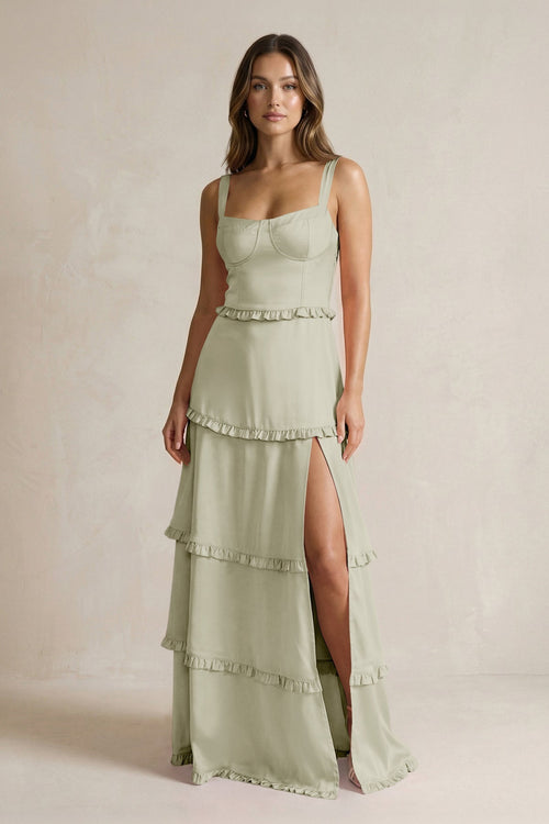 Tiered Ruffled A - Line Bridesmaid Dress With Slit in Frost - KISS BRIDAL Bridesmaid Dresses