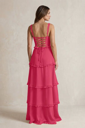 Tiered Ruffled A-Line Bridesmaid Dress With Slit in Fuchsia (2) | KISSBRIDAL
