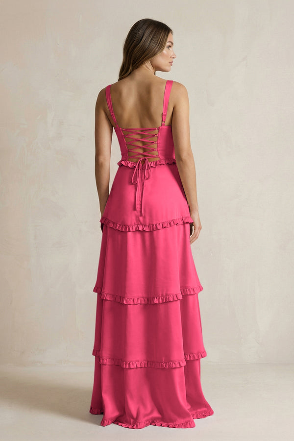 Tiered Ruffled A - Line Bridesmaid Dress With Slit in Fuchsia - KISS BRIDAL Bridesmaid Dresses