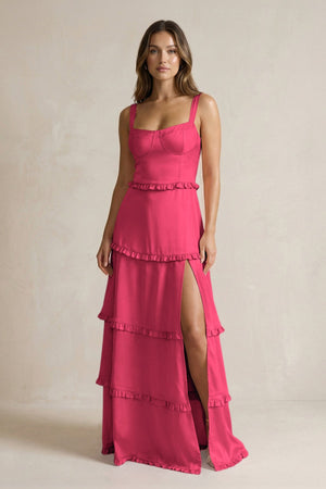 Tiered Ruffled A - Line Bridesmaid Dress With Slit in Fuchsia - KISS BRIDAL Bridesmaid Dresses