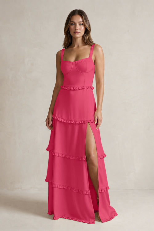 Tiered Ruffled A-Line Bridesmaid Dress With Slit in Fuchsia | KISSBRIDAL