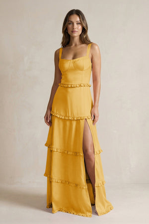Tiered Ruffled A - Line Bridesmaid Dress With Slit in Gold - KISS BRIDAL Bridesmaid Dresses