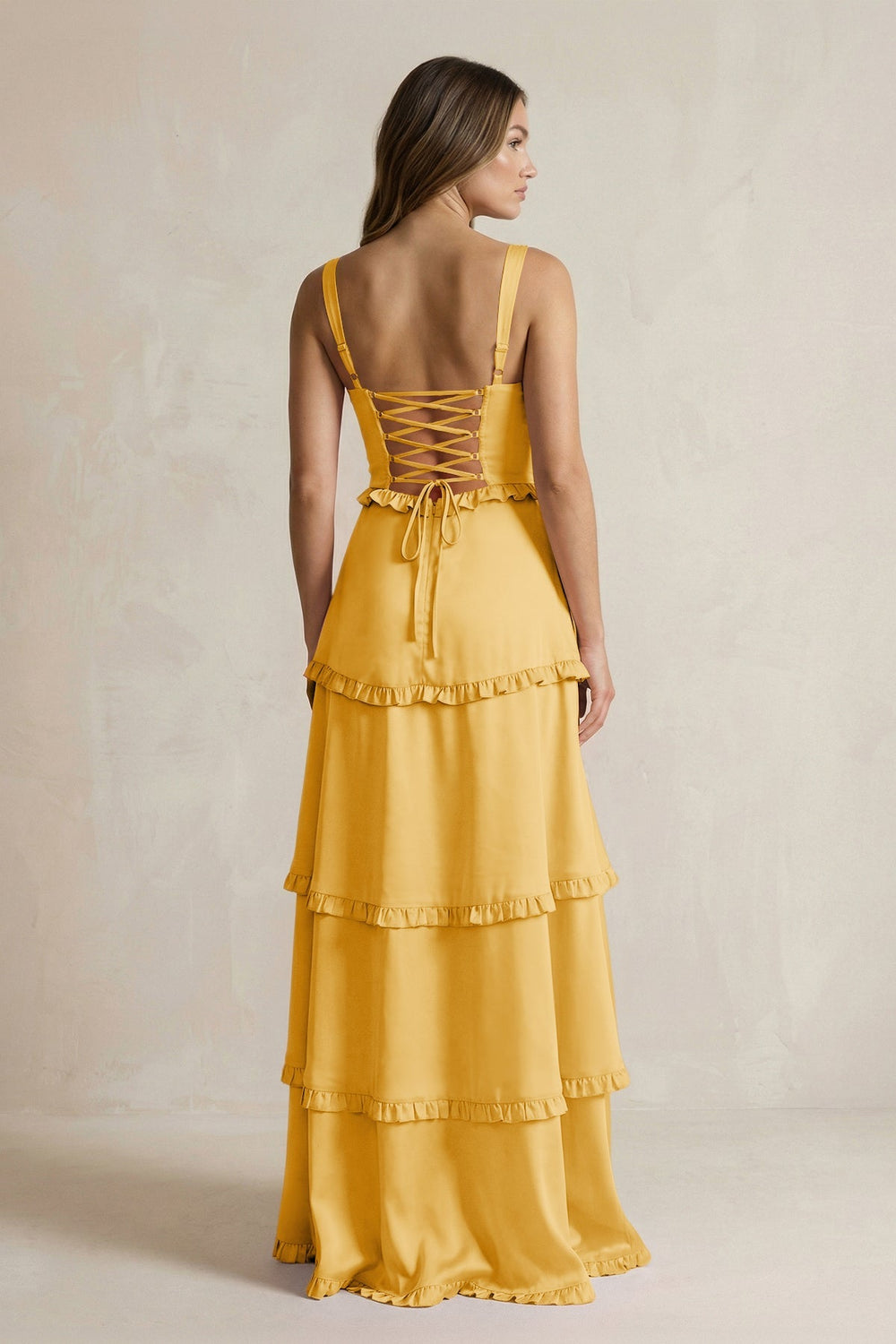 Tiered Ruffled A - Line Bridesmaid Dress With Slit in Gold - KISS BRIDAL Bridesmaid Dresses