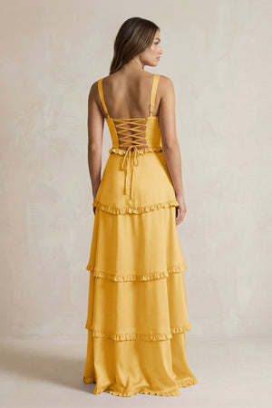 Tiered Ruffled A - Line Bridesmaid Dress With Slit in Gold - KISS BRIDAL Bridesmaid Dresses