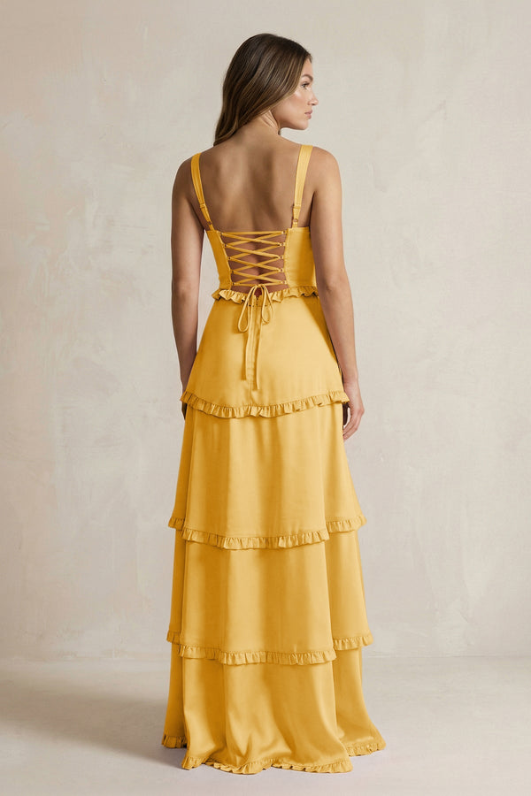 Tiered Ruffled A - Line Bridesmaid Dress With Slit in Gold - KISS BRIDAL Bridesmaid Dresses