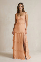 Tiered Ruffled A - Line Bridesmaid Dress With Slit in Golden Champagne - KISS BRIDAL Bridesmaid Dresses