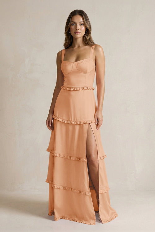 Tiered Ruffled A - Line Bridesmaid Dress With Slit in Golden Champagne - KISS BRIDAL Bridesmaid Dresses