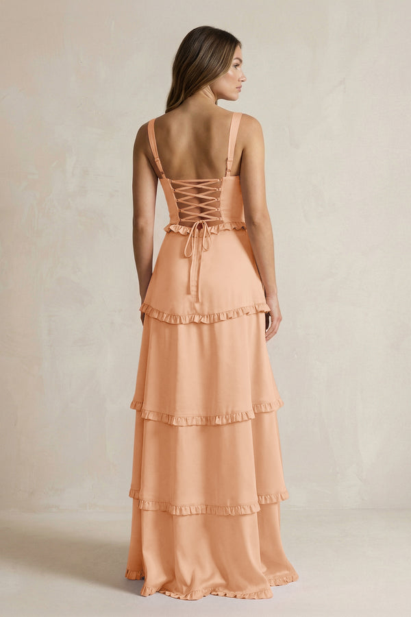 Tiered Ruffled A - Line Bridesmaid Dress With Slit in Golden Champagne - KISS BRIDAL Bridesmaid Dresses