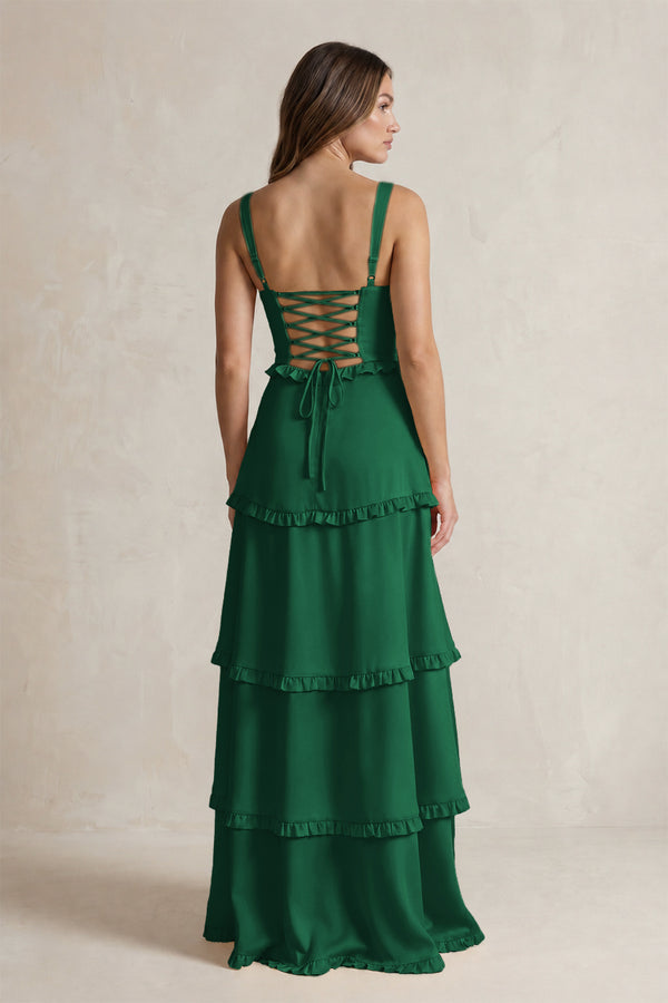Tiered Ruffled A-Line Bridesmaid Dress With Slit in Green (2) | KISSBRIDAL