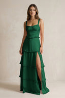 Tiered Ruffled A - Line Bridesmaid Dress With Slit in Green - KISS BRIDAL Bridesmaid Dresses