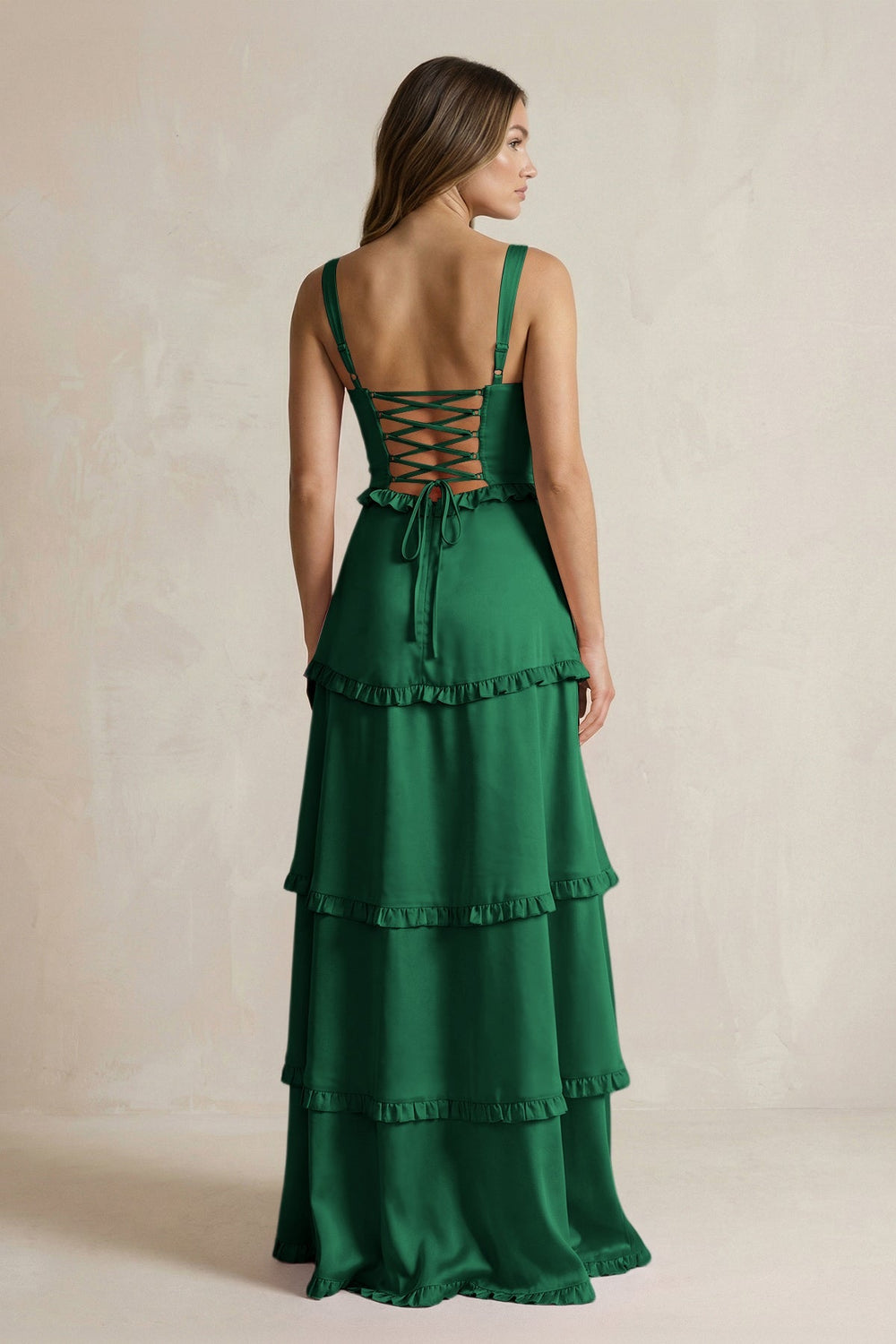 Tiered Ruffled A - Line Bridesmaid Dress With Slit in Green - KISS BRIDAL Bridesmaid Dresses