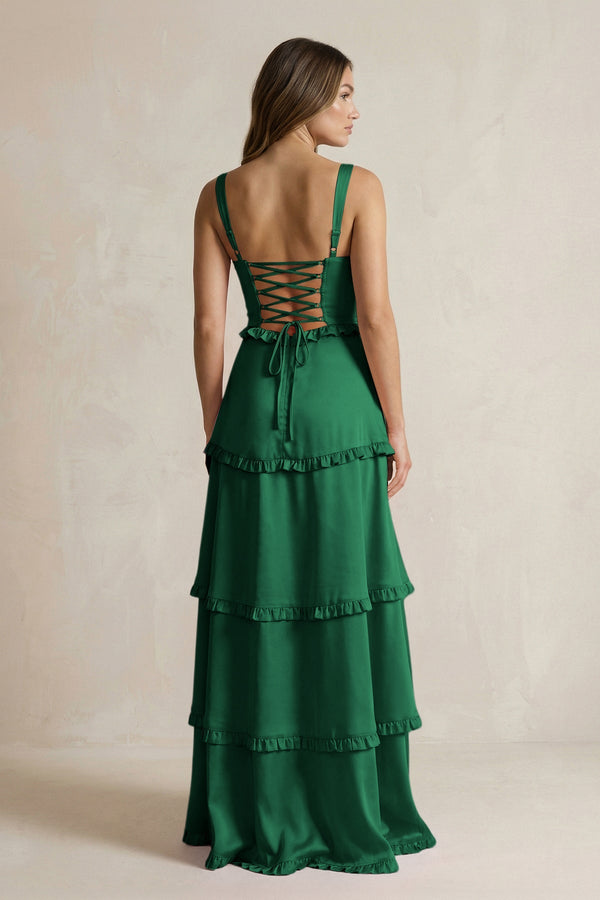 Tiered Ruffled A - Line Bridesmaid Dress With Slit in Green - KISS BRIDAL Bridesmaid Dresses