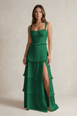 Tiered Ruffled A-Line Bridesmaid Dress With Slit in Green | KISSBRIDAL