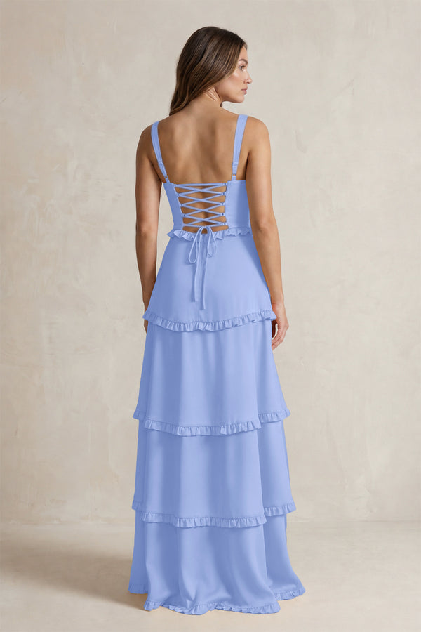 Tiered Ruffled A-Line Bridesmaid Dress With Slit in Ice (2) | KISSBRIDAL