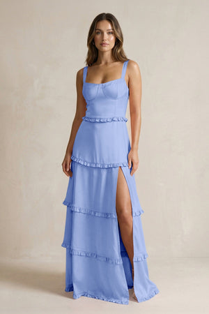 Tiered Ruffled A - Line Bridesmaid Dress With Slit in Ice - KISS BRIDAL Bridesmaid Dresses
