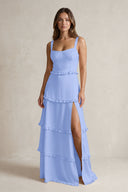 Tiered Ruffled A-Line Bridesmaid Dress With Slit in Ice | KISSBRIDAL