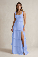 Tiered Ruffled A-Line Bridesmaid Dress With Slit in Ice | KISSBRIDAL